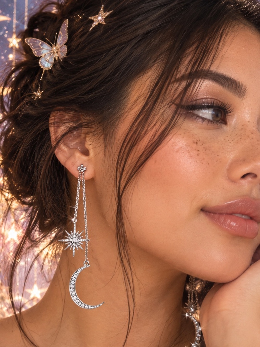 Celestial Crescent Moon & Starburst Chain Drop Earrings